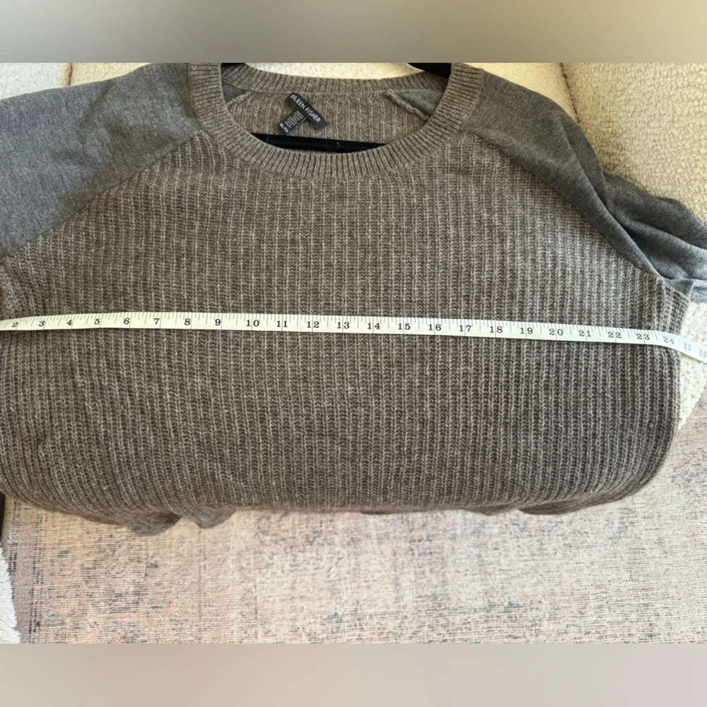 EILEEN FISHER Gray Knit Crewneck Sweater with Brown Leather Elbow Patches - Picture 4 of 6